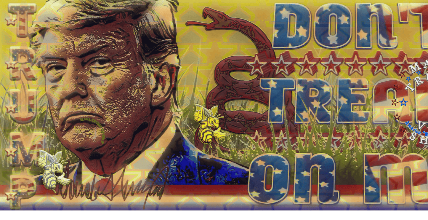 Demo wraparound painting for mug showing drawing of President Trump's portrait and autograph with Don't Tread On Me Slogan.
