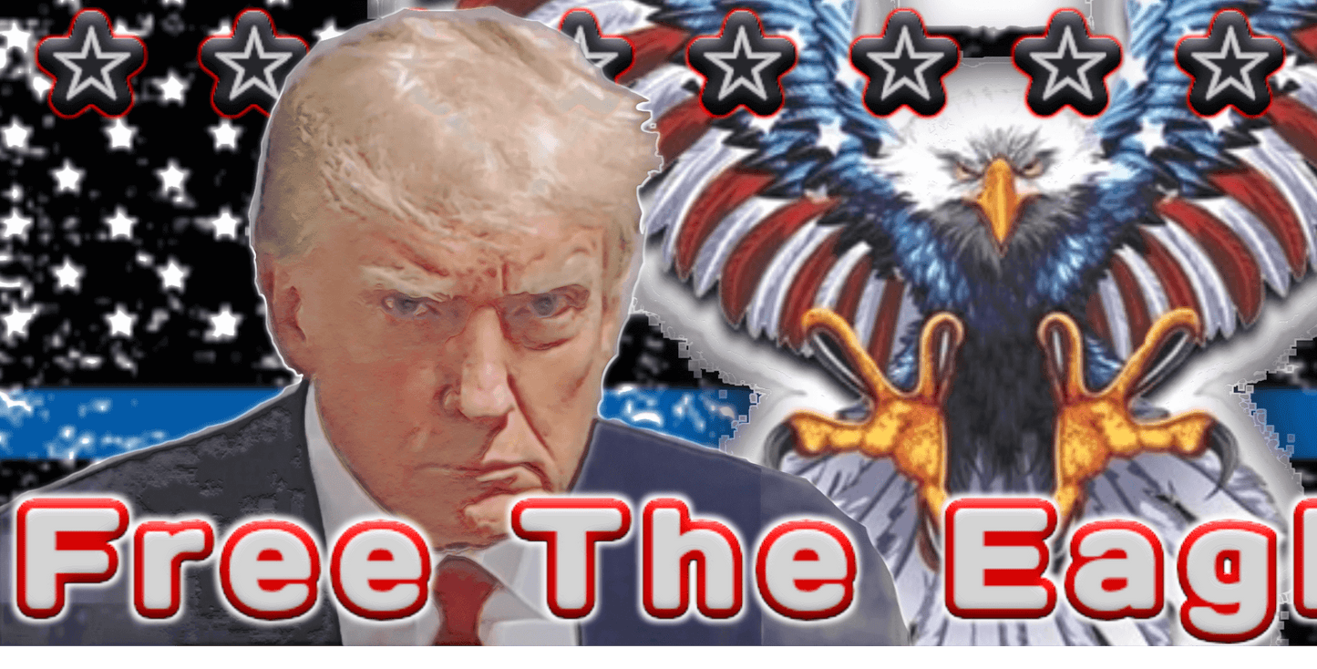 Drawing of President Trump's portrait with American Eagle in the background and Free The Eagle slogan in the foreground.