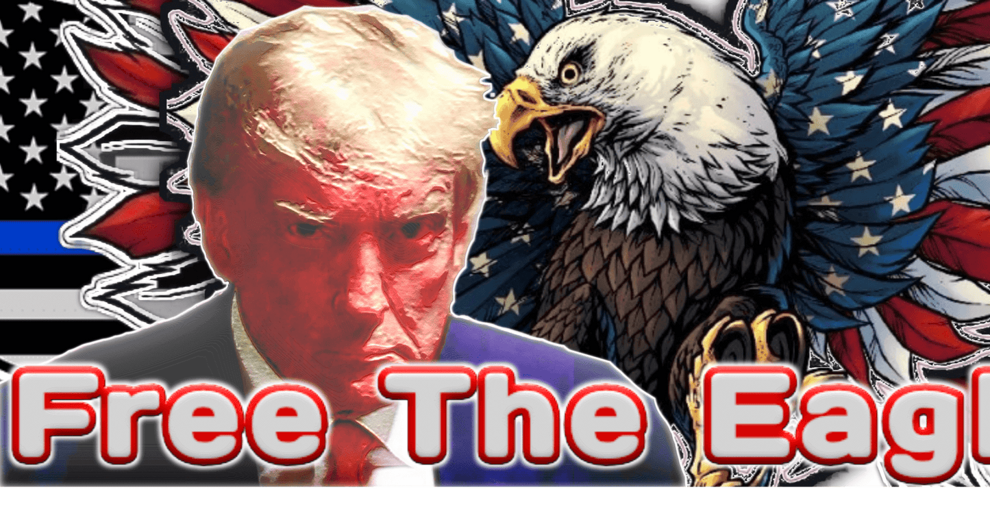Illustration of President Trump's portrait with American Eagle in the background and Free The Eagle slogan in the foreground.