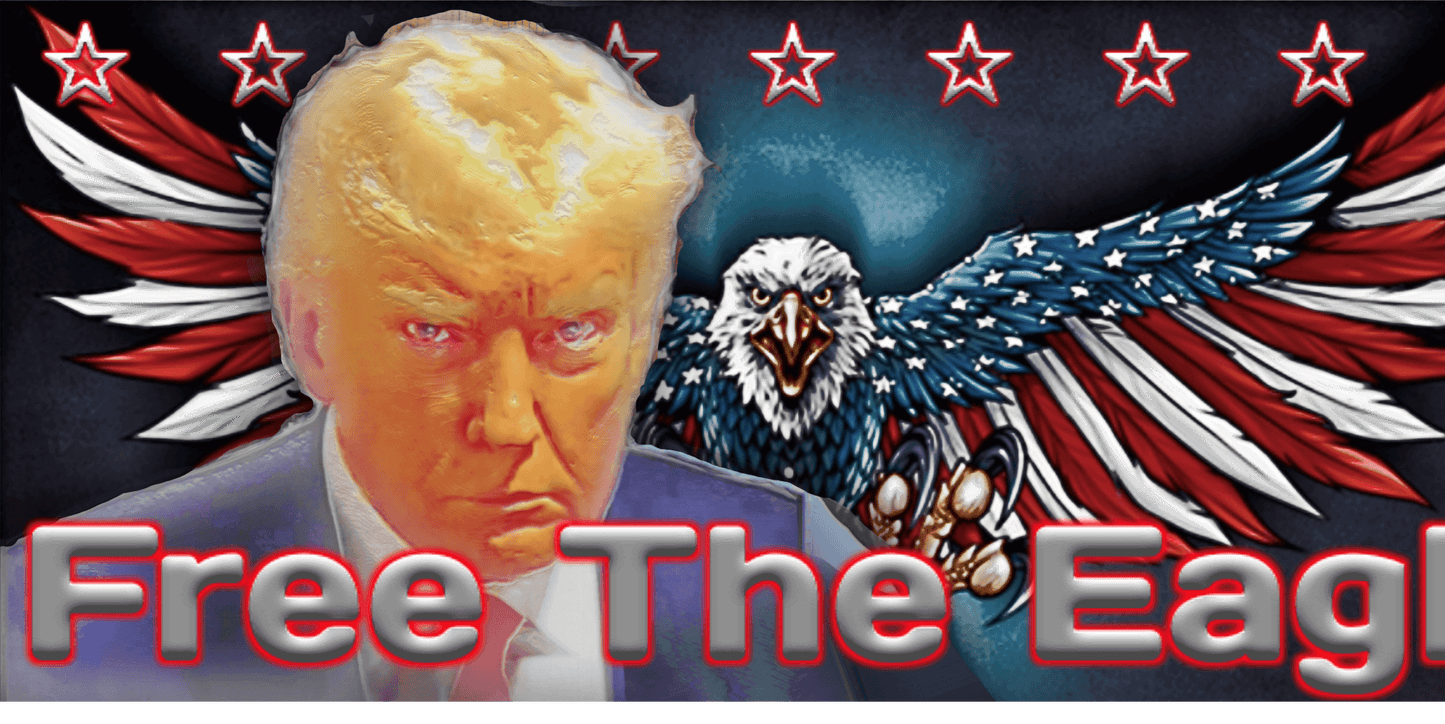 Rendition of President Trump's portrait with American Eagle in the background and Free The Eagle slogan in the foreground.