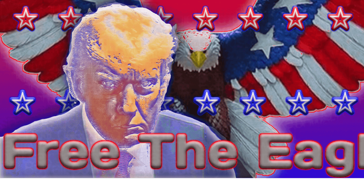 Depiction of President Trump's portrait with American Eagle in the background and Free The Eagle slogan in the foreground.