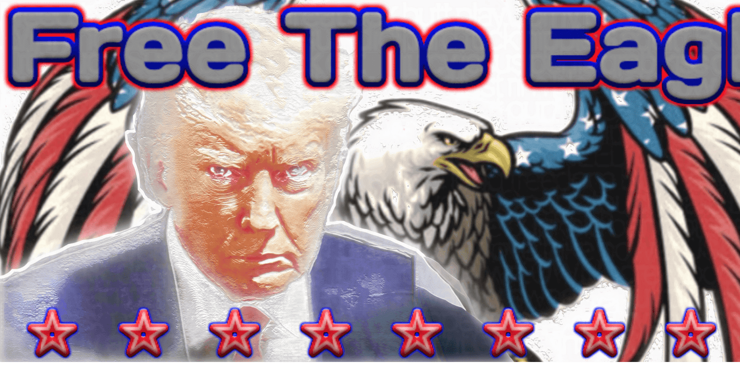 Line art of President Trump's portrait with American Eagle in the background and Free The Eagle slogan in the foreground.
