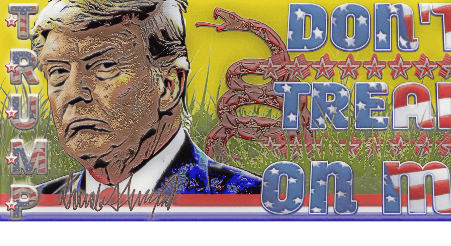 Demo wraparound illustration for mug showing drawing of President Trump's portrait and autograph with Don't Tread On Me Slogan.