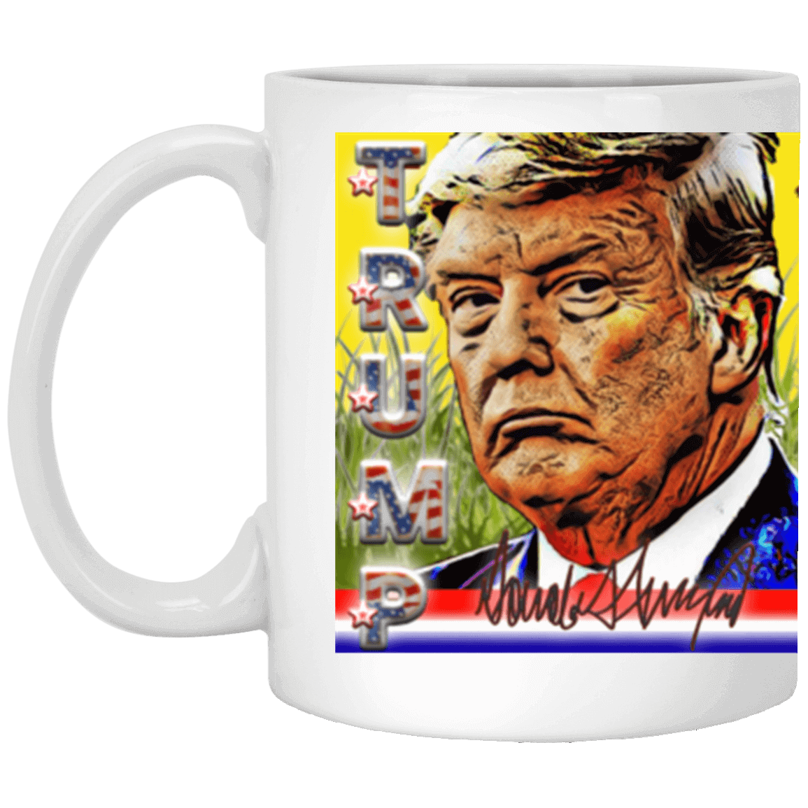 Official MAGA Trump VIP Shop gift mug with Don't Tread On Me axiom over red, white and blue stars and stripes in retro style.