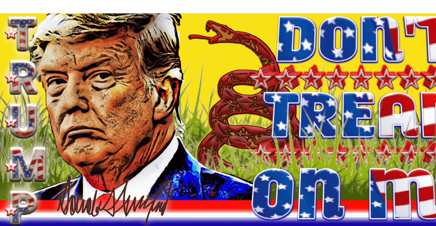 Demo wraparound image for mug showing drawing of President Trump's portrait and autograph with Don't Tread On Me Slogan.